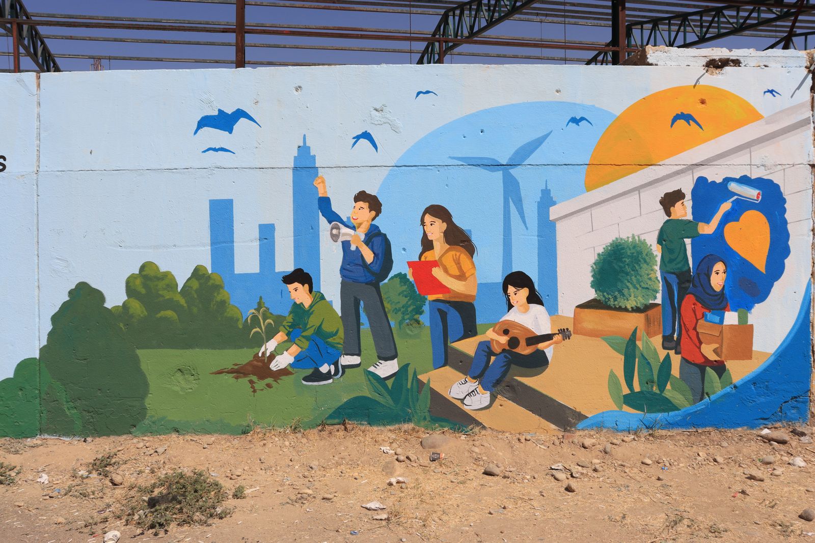 Youth mural showing young people planting, speaking up and taking part in their community